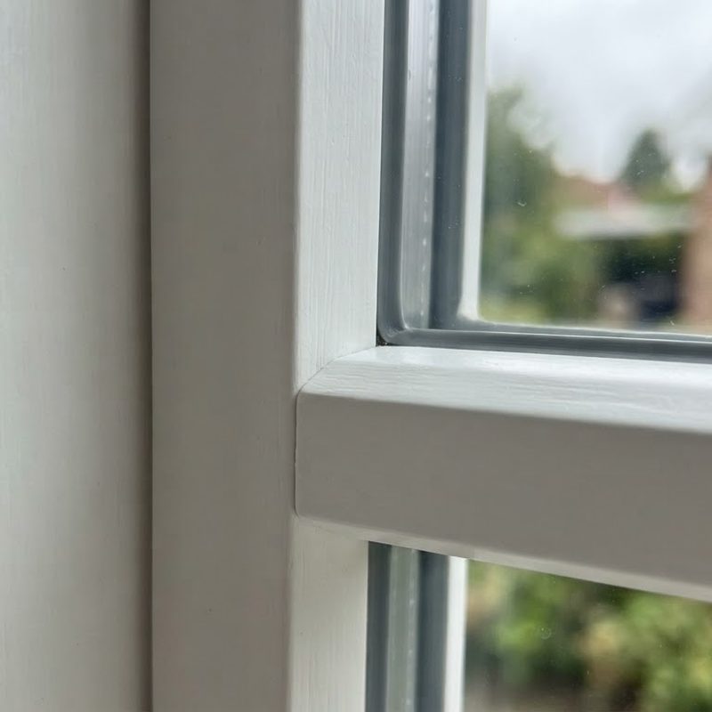 Detalje af nyt vindue med isolerglas i lys karm